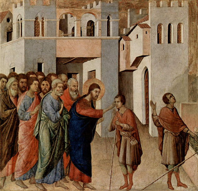 Maestà, Altarretablo de la catedral de Siena, reverso, predela con escenas de la tentación de Cristo y milagros, escena