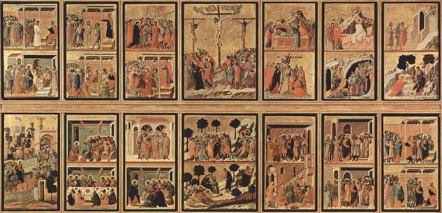 Maestà, Altarretabel de la catedral de Siena, reverso, registro principal con escenas de la Pasión de Cristo, vista general 