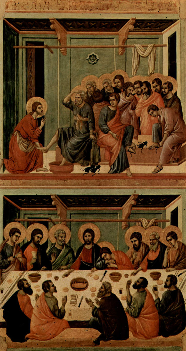 Maestà, Altarretabel de la catedral de Siena, reverso, registro principal con escenas de la Pasión de Cristo, escenas