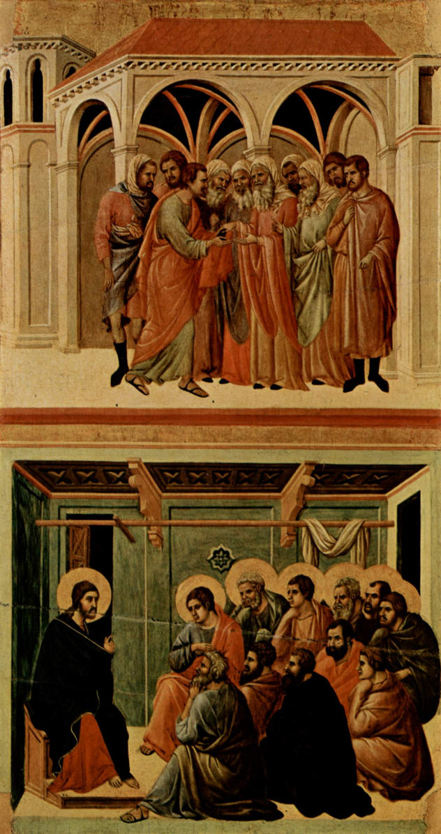 Maestà, Altarretabel de la catedral de Siena, reverso, registro principal con escenas de la Pasión de Cristo, escenas