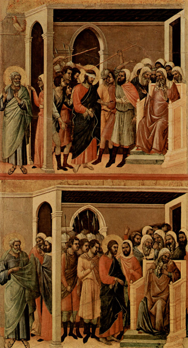 Maestà, Altarretabel de la catedral de Siena, reverso, registro principal con escenas de la Pasión de Cristo, escenas