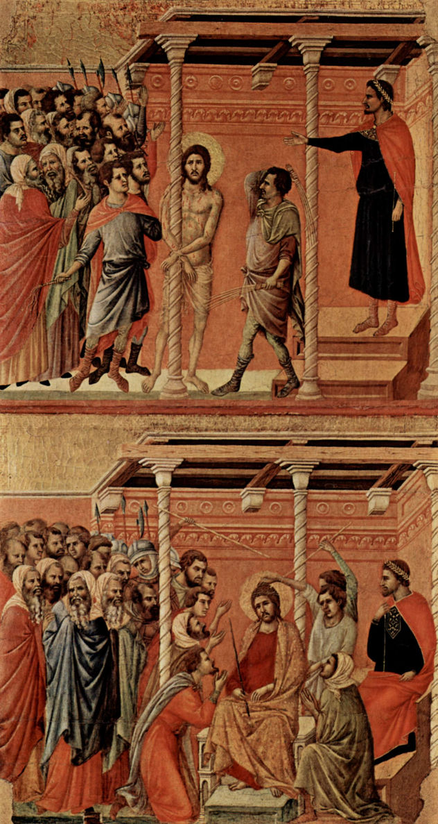 Maestà, Altarretabel de la catedral de Siena, reverso, registro principal con escenas de la Pasión de Cristo, escenas
