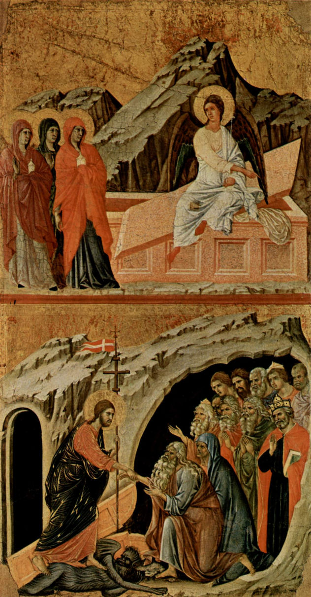 Maestà, Altarretabel de la catedral de Siena, reverso, registro principal con escenas de la Pasión de Cristo, escenas