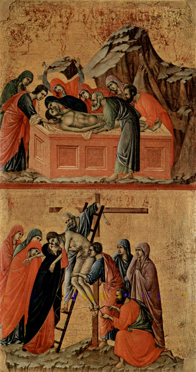 Maestà, Altarretabel de la catedral de Siena, reverso, registro principal con escenas de la Pasión de Cristo, escenas