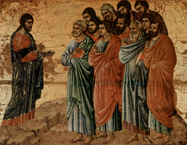 Maestà, Retablo del Duomo de Siena, reverso, coronación del altar con ciclo de Pentecostés, escena