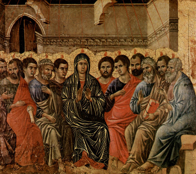 Maestà, Retablo del Duomo de Siena, reverso, coronación del altar con ciclo de Pentecostés, escena