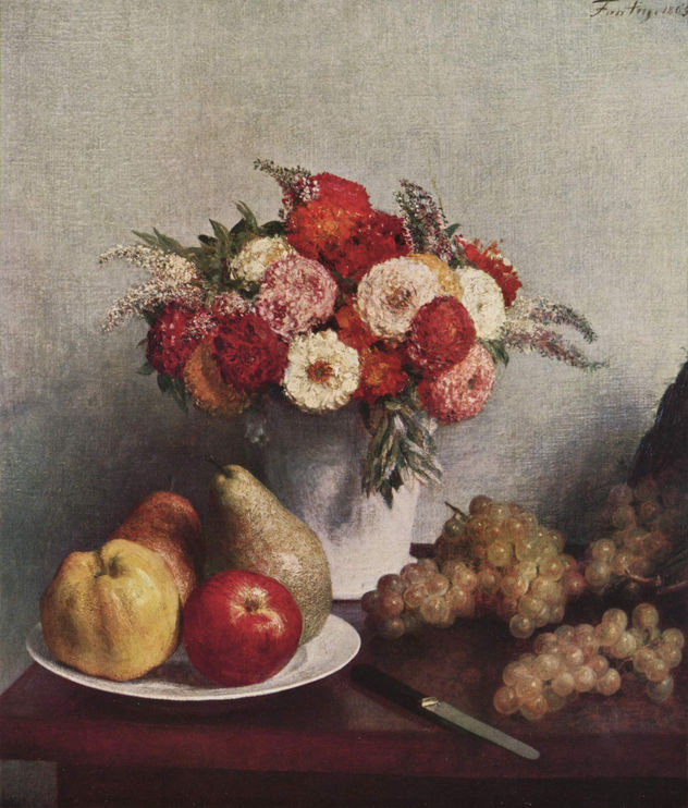 Naturaleza muerta con flores y frutas