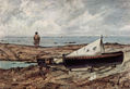 El día gris (playa con pescadores y botes)