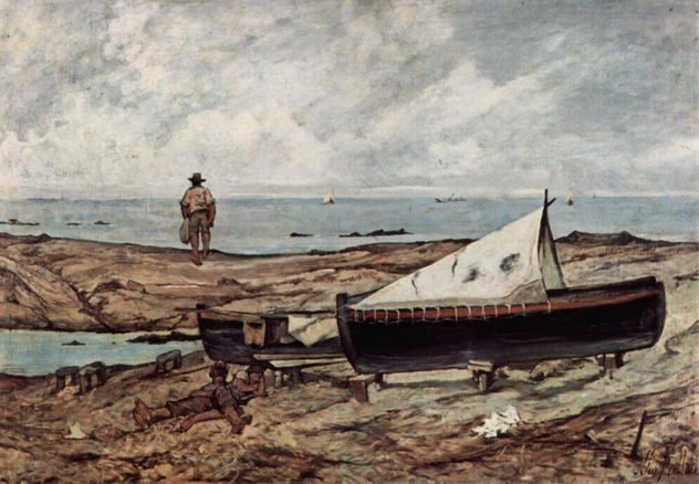 El día gris (playa con pescadores y botes)