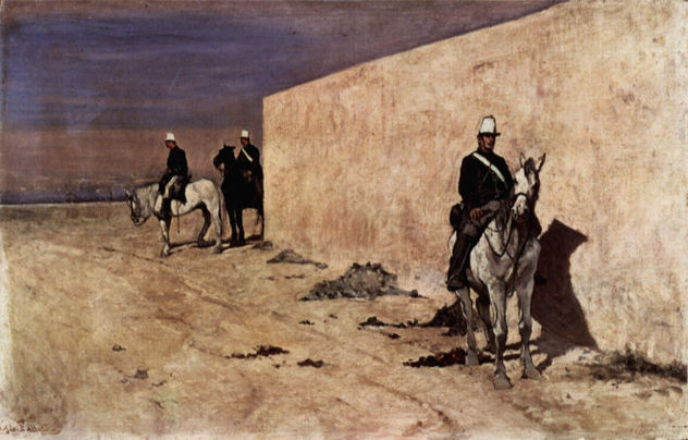 Die weiße Wand (Drei Millizen zu Pferd vor einer Wand)
