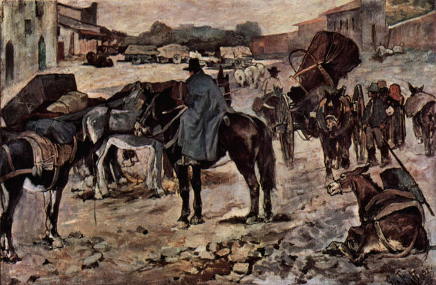 Calle del pueblo con campesinos, mulas y comerciantes