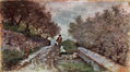 Street through the olive grove with two passersby