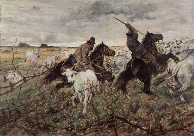 Dos pastores a caballo con una manada de toros.
