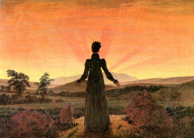 Mujer ante el sol poniente (puesta de sol, salida del sol, mujer en la luz de la mañana) 