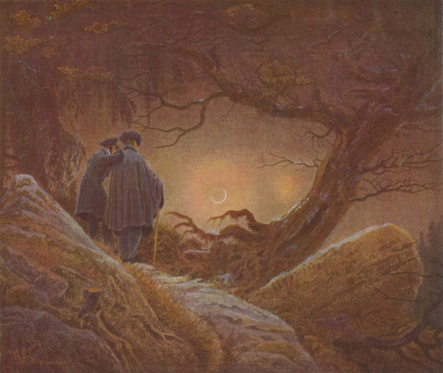 Dos hombres contemplando la luna 