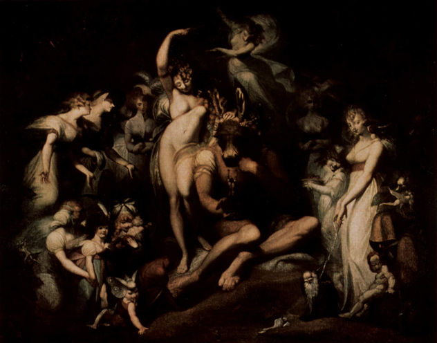 La reina de las hadas Titania acaricia el papel con cabeza de burro.