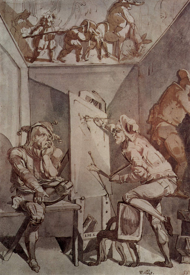 A painter with glasses draws a fool.