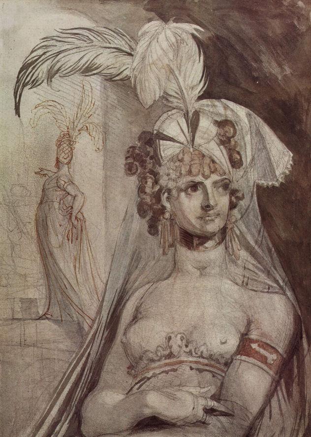 Halbfigur de una cortesana con pluma, lazo y velo en el cabello.