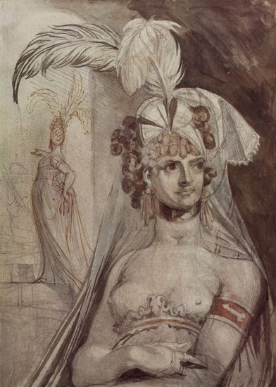 Half-figure of a courtesan with feather, bow, and veil in her hair. 