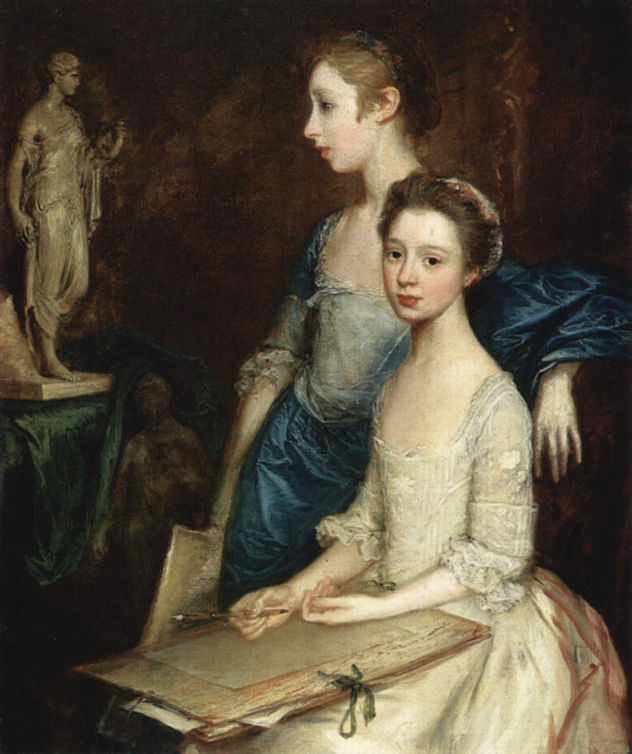Porträt de Molly y Peggy con utensilios de dibujo