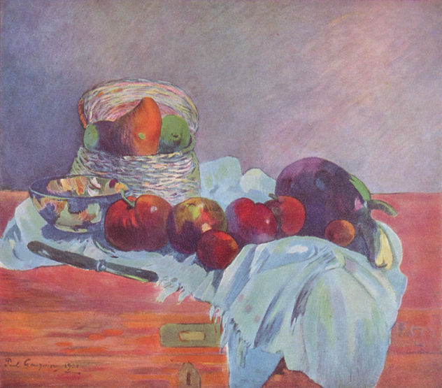 Naturaleza muerta con frutas, cesta y cuchillo