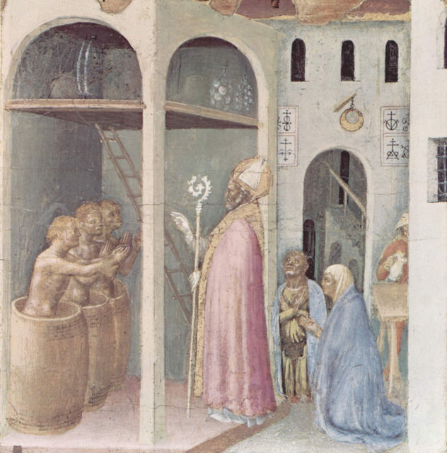 Quaratesi-Polyptychon, cinco tablas de predela con escenas de la vida de San Nicolás de Bari (representaciones de milagros), escena