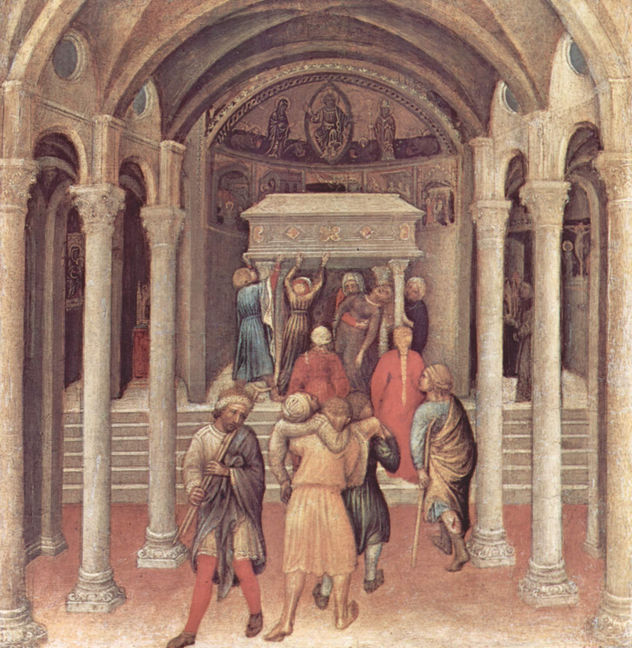 Quaratesi-Polyptychon, cinco tablas de predela con escenas de la vida de San Nicolás de Bari (representaciones de milagros), escena