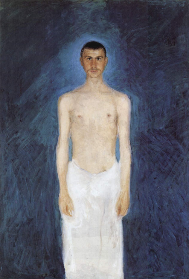 Autorretrato, medio cuerpo frente a un fondo azul