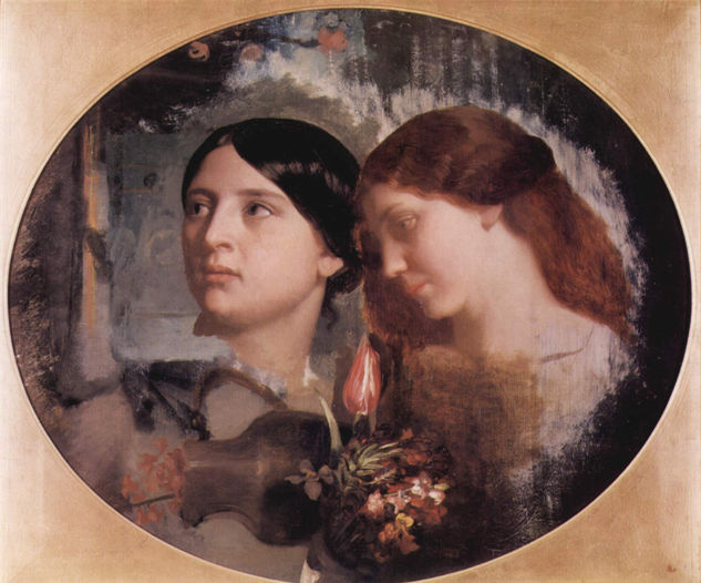 Two Women with a Bouquet of Flowers, Oval 