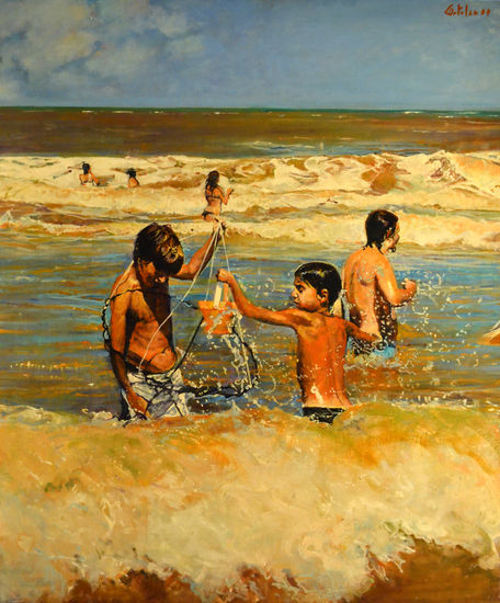 Pescando en el Oceano Oil Panel Marine Painting