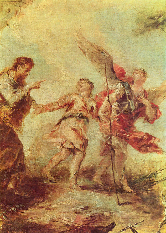 Pintura en la Chiesa dell'Agnello Raffaele en Venecia sobre la historia de Tobías, escena.