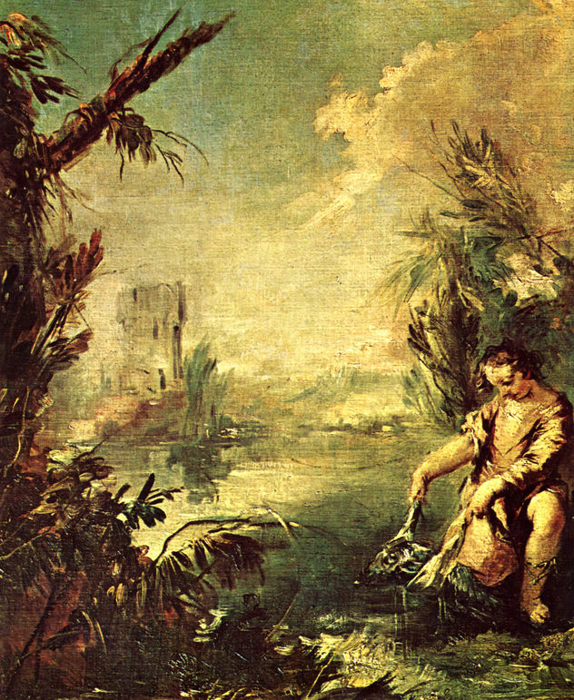 Pintura en la Chiesa dell'Agnello Raffaele en Venecia sobre la historia de Tobías, escena.