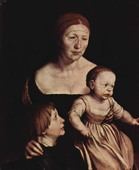 Retrato de su esposa Elsbeth Binsenstock con los dos hijos mayores Philipp y Katharina, detalle. 