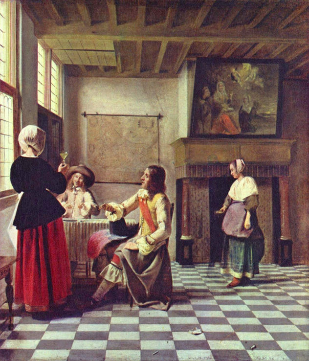 Woman with Two Men Drinking and Maid