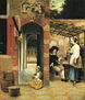 Two men drinking and a woman under a gazebo in the courtyard.