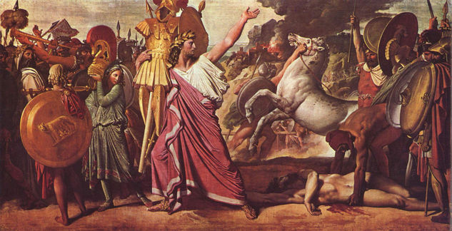 Romulus, the conqueror of Acron, brings the rich spoils to the temple of Zeus. 