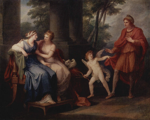 Venus persuades Helena to listen to Paris. 