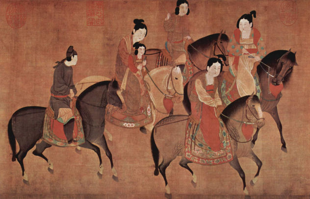 The noble lady Kuo-kuo and her sisters go out riding.