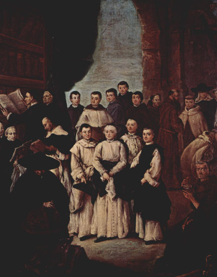 Imagen grupal de monjes venecianos, canónigos y miembros de cofradías venecianas. 