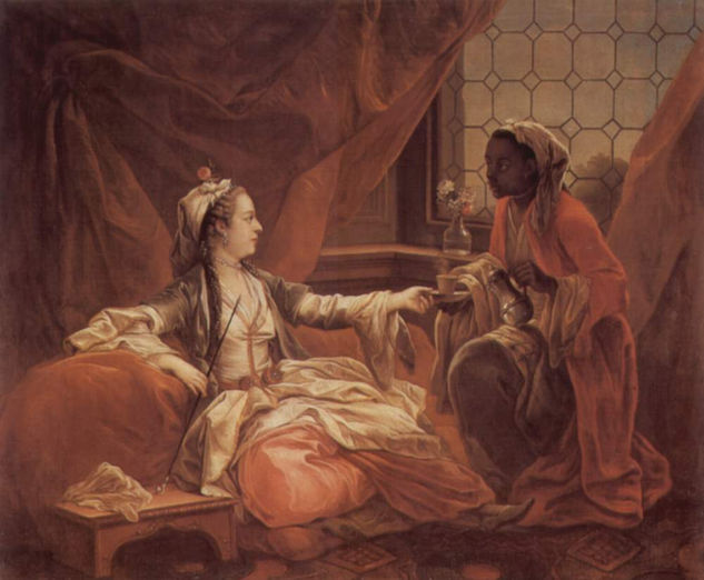 A cup of coffee is delivered to a sultana by a slave. 