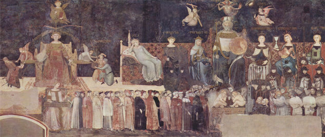 Frescos del ciclo "Allegorías del buen y del mal gobierno" en la sala del consejo de los Nueve, Palazzo Pubblico en Siena, escena. 