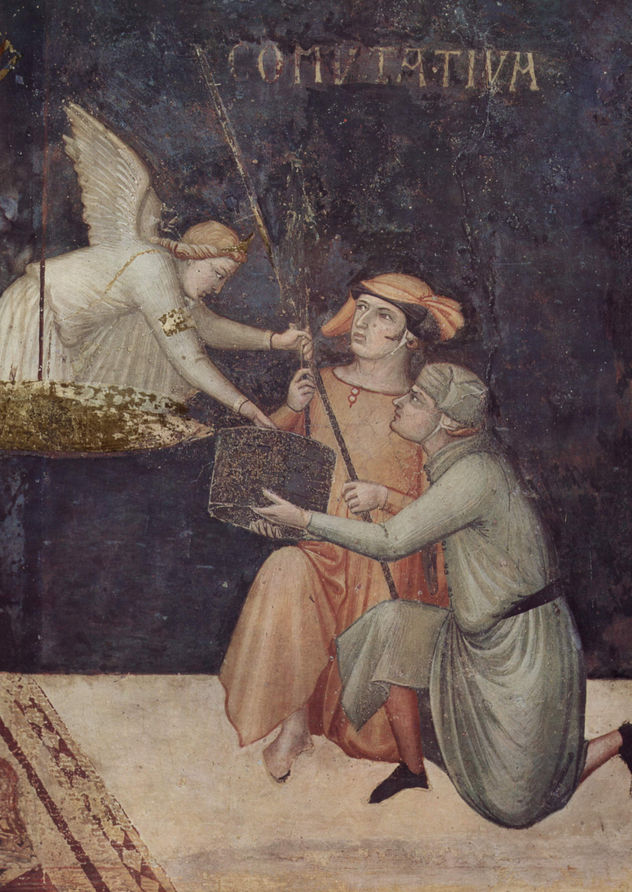 Frescos del ciclo "Allegorías del buen y del mal gobierno" en la sala del consejo de los Nueve, Palazzo Pubblico en Siena, escena
