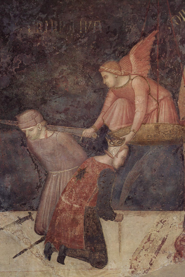 Frescos del ciclo "Allegorías del buen y del mal gobierno" en la sala del consejo de los Nueve, Palazzo Pubblico en Siena, escena
