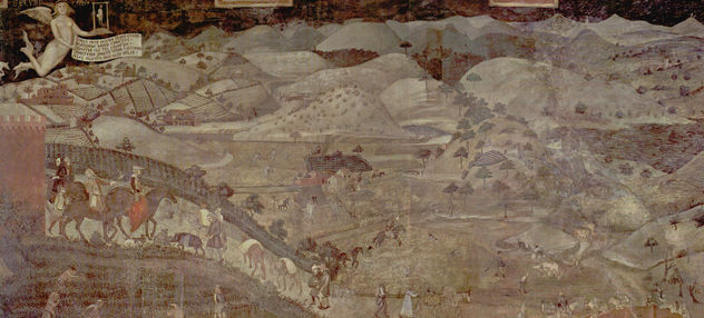 Ciclo de frescos "Allegorías del buen y del mal gobierno" en la sala del consejo de los Nueve, Palazzo Pubblico en Siena, escena