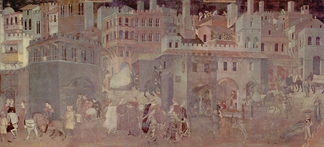 Fresco ciclo "Allegorías del buen y del mal gobierno" en la sala del consejo de los Nueve, Palazzo Pubblico en Siena, escena