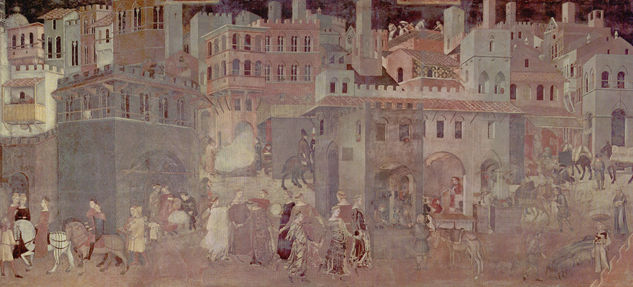 Fresco ciclo "Allegorías del buen y del mal gobierno" en la sala del consejo de los Nueve, Palazzo Pubblico en Siena, escena 