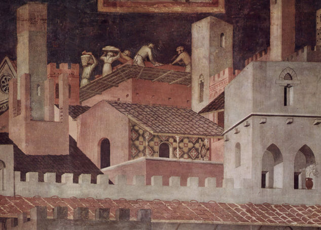 Frescos del ciclo "Allegorías del buen y del mal gobierno" en la sala del consejo de los Nueve, Palazzo Pubblico en Siena, escena. 