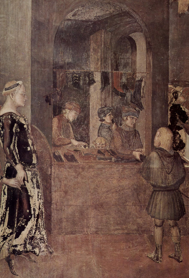Frescos del ciclo "Allegorías del buen y del mal gobierno" en la sala del consejo de los Nueve, Palazzo Pubblico en Siena, escena