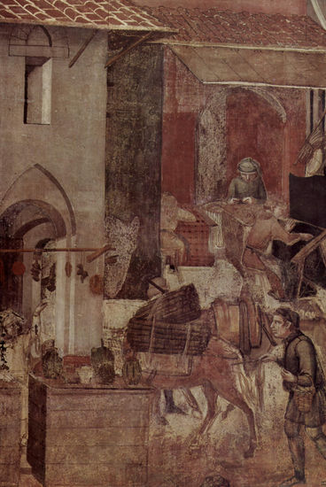 Frescos del ciclo "Allegorías del buen y del mal gobierno" en la sala del consejo de los Nueve, Palazzo Pubblico en Siena, escena. 