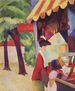 Delante de la tienda de sombreros (mujer con chaqueta roja y niño)